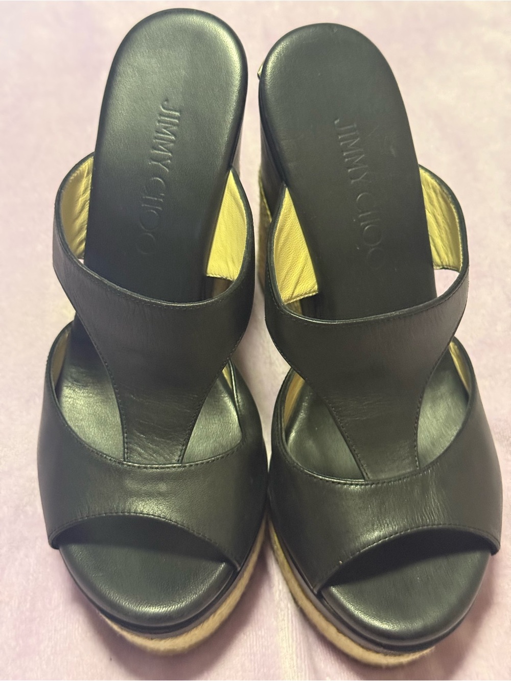 Jimmy Choo Black Leather Espadrille Platform Wedge Mule Sandals